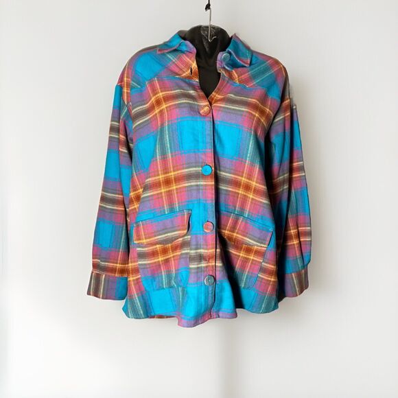 Cato  Women's Shacket Jacket Flannel Plaid Multi Color Aqua‎ Blue Size Large - Picture 1 of 7